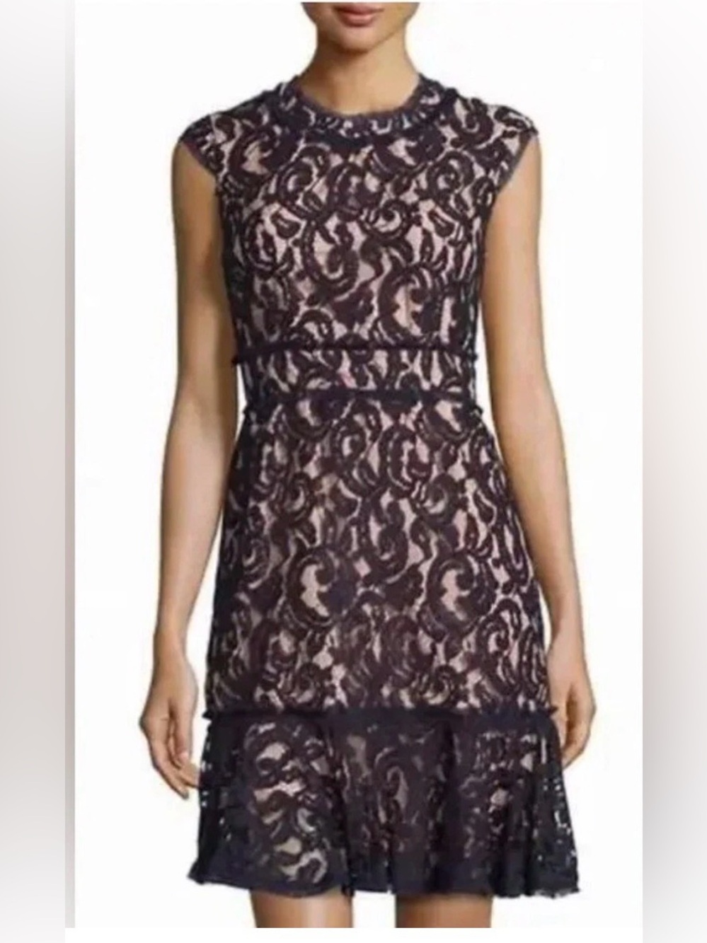 Nanette Lepore Josephine Lace Dress Size 2 Frayed Edge High Neck Knee Length